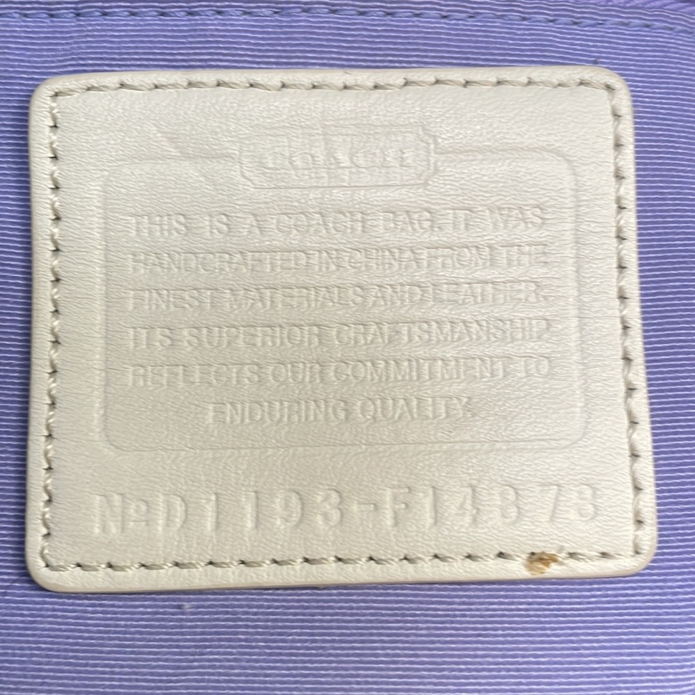 Taupe/tan Coach logo purse, violet lining, white straps - Picture 11 of 12